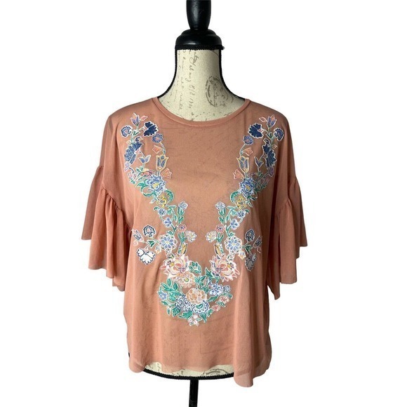 ZARA Top Women's 8 Embroidered Tulle Ruffled Short Sleeves Blouse Multi - Picture 2 of 6